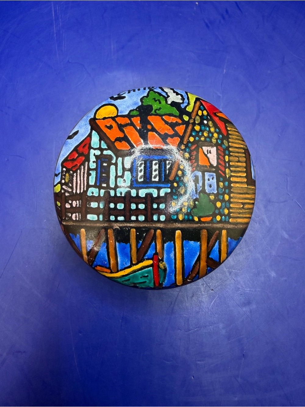 Vintage Chilean mid-century enamel-on-copper pill box/trinket box